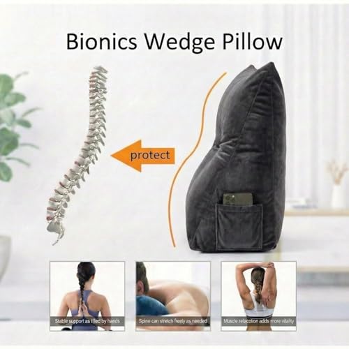 Image of Luxury Velvet Tufted Wedge Pillow with Side Pocket Soft Headboard Back Support Cushion for Bed, Sofa & Floor Seating - Grey
