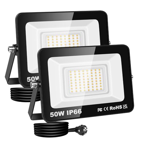 RIGIDON Projecteur Led Extérieur Avec Prise, 2x 50W 5000LM IP66 étanche Éclairage de Sécurité, Spot Led Lampe pour Patio Garage Terrasse Jardin Chantier...