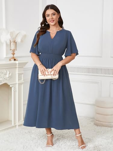 Image of Women's Plus Size Dress for Women Wedding Guest Cocktail Smocked Ruffle Short Sleeve V Neck Flowy Maxi Dresses