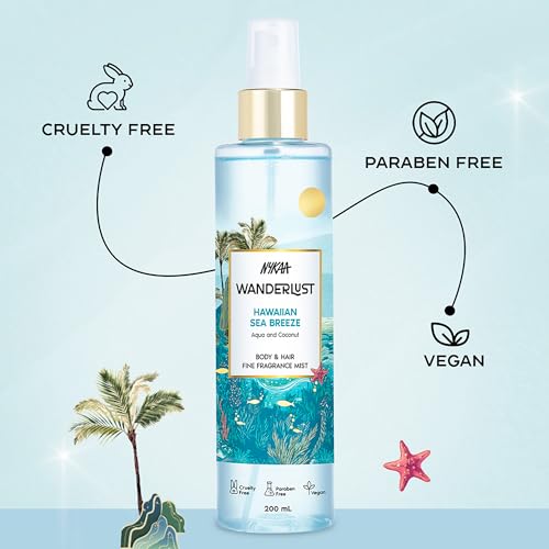 Image of Nykaa Wanderlust Hawaiin Sea Breeze Body & Hair Fine Fragrance | Perfume Mist for Women - 200 ml I Fresh aqua and coconut Perfume | Long-Lasting, Travel‐Friendly, Vegan,Paraben‐Free, IFRA Certified