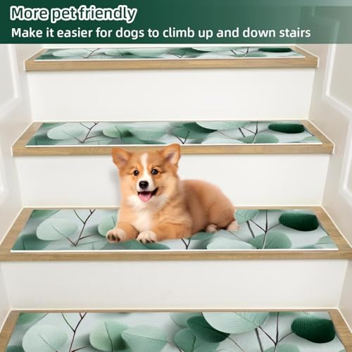 Tapis d'escalier antidérapants lot de 15 marches bois motif eucalyptus vert