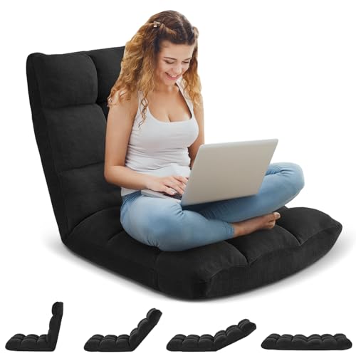Image of Folding Floor Gaming Chair, 14-Position Adjustable Backrest, Skin-Friendly Flannel & Aluminum Alloy Frame, Ideal for Reading, Gaming, Sleeping, Black