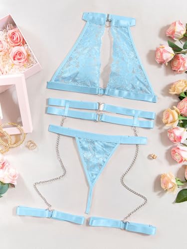 Image of Foxiny Sexy Halter Heart Ring Cutout Chain Floral Lace Sheer Garter Belt Lingerie Set 3 Piece