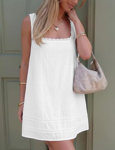 FOMELY Womens Square Neck Cotton Sundress Casual Summer Mini Dress White | Sleeveless Tank Dresses for Women Lace Flowy Sundress, Ideal for Beach, Vacation, Daily Wear, Comfy&Cute Style - image 6