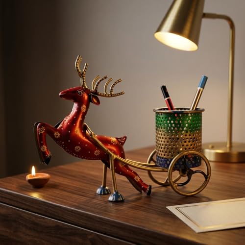 Image of Deer Pen Stand Metal Desk Organiser, Bronze Antique Finish 3-in-1 Pencil Holder Table Showpiece for Office Table Decor, Corporate Bulk Gifting Object (25x10x15 cm)
