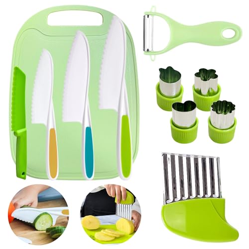 Kit Cuisine Enfant avec Couteau Montessori, Y Éplucheur Forme Couteau Froissé, Planche à Découper - Pour Salades, Gâteaux et Légumes