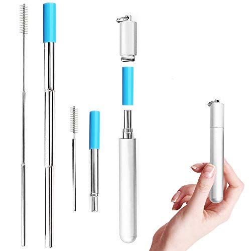 TECVINCI Portable Stainless Steel Straw, Telescopic, More Convenient, Real Simple, Stainless Steel and Reusable Drinking Straw with Case Holder & Cleaning Brush for Travel, Household, Office-Sliver