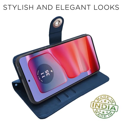 Image of Pikkme Moto Edge 50 Pro 5G Flip Cover Leather Finish | Inside TPU with Card Pockets | Wallet Stand and Shock Proof | Complete Protection Button Flip Case (Blue)