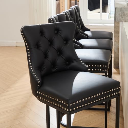 Image of UVV Counter Height Bar Stools Set of 2, 26 inch Modern Barstools with Back, Faux Leather Upholstery Counter Chairs with Metal Legs for Kitchen Island, Bar, Counter, Black