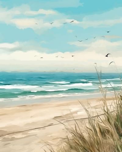 Seaside Beach Paint by Numbers Kits 16x20 inch Canvas DIY Oil Painting for Kids Students Adults Beginner with Brushes and Acrylic Pigment Beach Scenery Landscape Decor Photo Gift(without Frame)