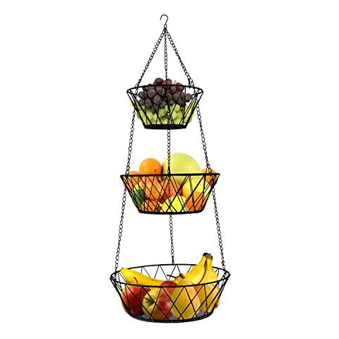 Heavy Duty - 3 Tier Hanging Kitchen Black Fruit Basket Cover
