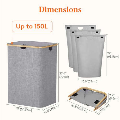 Lifewit-150L-Laundry-Basket-with-Lid-3-Section-Large-Laundry-Hamper-with-Bamboo-Handles-and-Removable-Laundry-Bags-Clothes-Hampers-for-Laundry-for-Bedroom-Bathroom-Dorm-Laundry-Room-Light-Gray