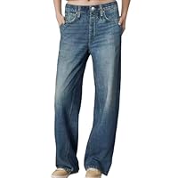 1901 SOCIETY Women's Wide Leg Jeans Look Like Denim Cotton Terry Pull-On Print Denim Sweatpants with Elastic Waistband