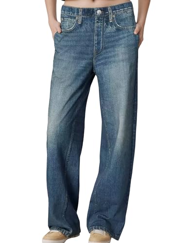 Women's Wide Leg Jeans Look Like Denim Cotton Terry Pull-On Print Denim Sweatpants with Elastic Waistband