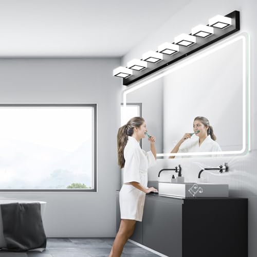 Image of Ralbay 46inch Matte Black Vanity Lights 7 Lights Dimmable 5 Color Temperature Acrylic Modern LED Black Vanity Lighting for Bathroom