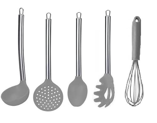 Kit de Concha, Colher, Escumadeira Pagador de macarrão (silicone e cabo inox) e Fouet (silicone) (pr