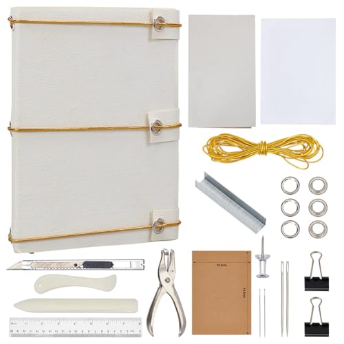 WEBEEDY 125 Pcs Bookbinding Kit - Make Your Own Button Journal, Leather Notebook for Adults - DIY Craft Supplies With Thread, Needles, Paper, Video Tutorial - A6