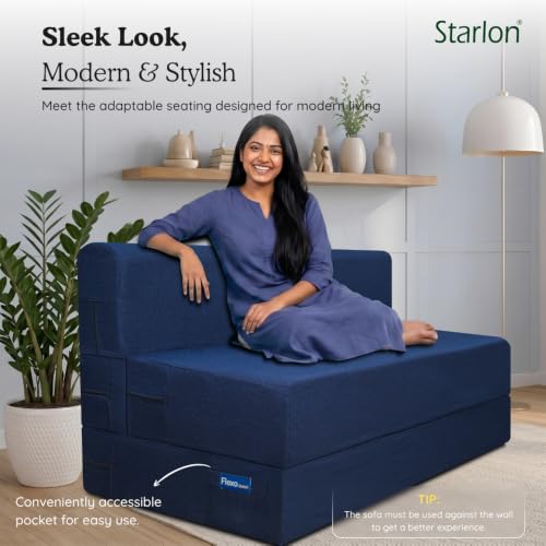 Image of Starlon 3 Seater Foldable Sofa Cum Bed 3-in-1 with 2 Waves Pattern Pillows, Washable Jute Fabric Cover, Space Saving Guest Bed, Pre-Assembled Royal Navy Blue 5x6 Ft