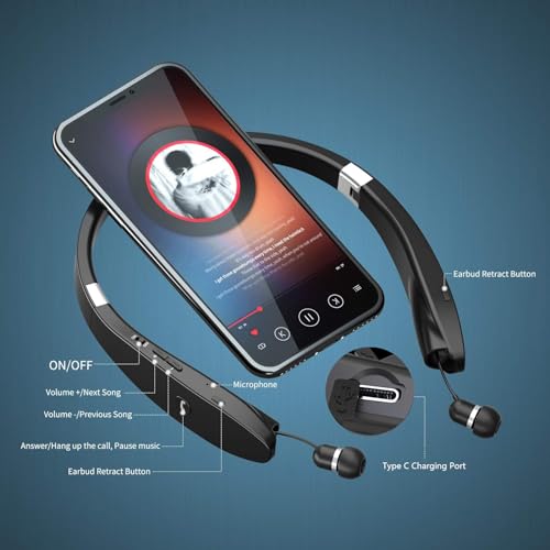 Image of AMORNO Foldable Bluetooth In Ear Headphones Wireless Neckband Headset with Retractable Earbuds, Sports Sweatproof Noise Cancelling Stereo Earphones with Mic