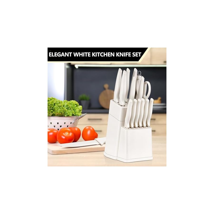 E-far Knife Set with Block, 15 Pieces Kitchen Knife Block Set with Sharpener, High Carbon Stainless Steel Sharp Chef Knife Set with Ergonomic Handles, Anti Rust, White