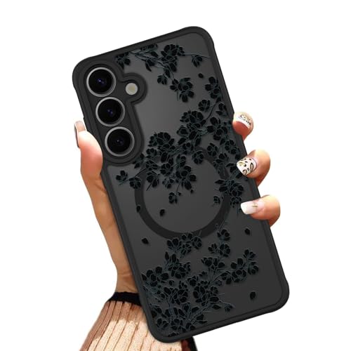 OOK Phone Case Fit for Samsung Galaxy S25 6.2 Inch, Black Flowers Floral