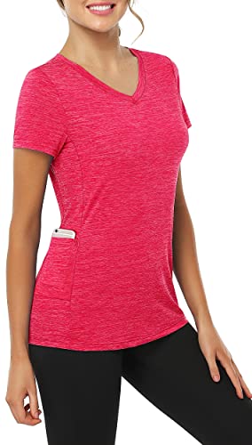 Chicho Womens V-Neck Tops Sweat-Wicking Exercise T-Shirt With Pocket Short Sleeve Gym Golf Pickleball Shirts Breathable Dry Fast Fitness Shirt Red Large #TOP26