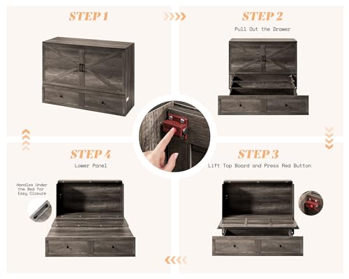 Image of AMERLIFE Queen Murphy Bed with Storage & Charging Station, Farmhouse Murphy Cabinet with Foldable Panel, Noisy Free, for Living Room, Guest Bedroom, Office, Rustic Grey