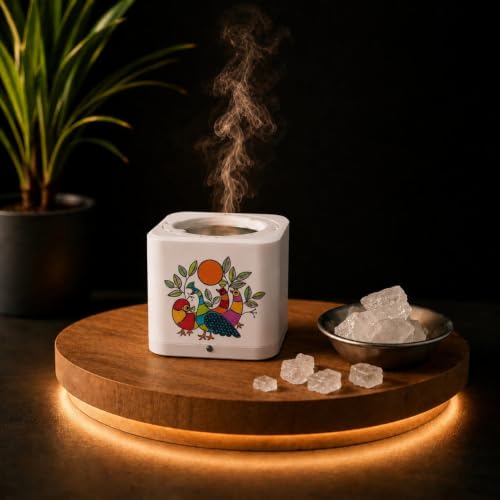 Image of Shivansh Technology Incense Holder Electric Kapoor Dani Camphor Diffuser Burner for Home | Karpuram Bakhoor Oud Aroma Oil & Dhoop Machine | Essential Oil Diffuser for Home (White) (Folk Birds)