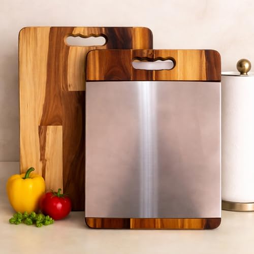 Image of Double-Sided Premium Chopping Board - Steel + Wooden | 2-in-1 Multi-Purpose| Anti-Slip, Heavy Duty, Cutting Board for Vegetables, Fruits Cutter, Meats | Food Grade Quality | 36 X 26 cm