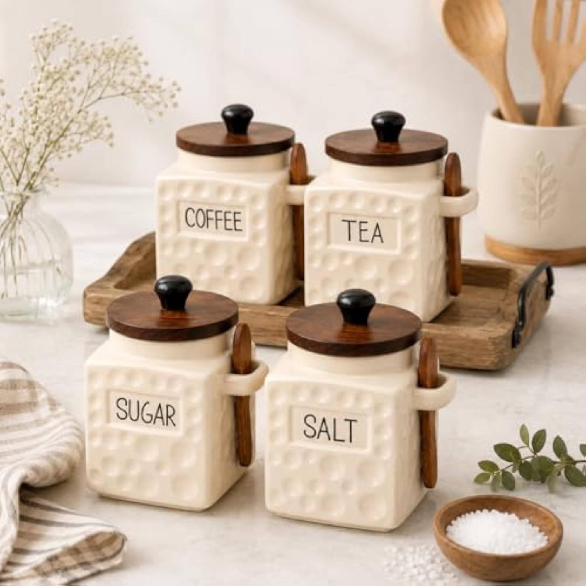Deluxe Ceramic Tea Coffee Sugar Salt Jars Set