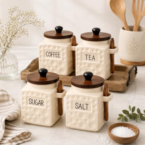 Image of The Deluxe Creations Ceramic Tea Coffee Sugar Salt Jars Set with Wooden Lid & Spoon | Premium Kitchen Storage Canisters | Airtight Containers | 500 ML Each | Set of 4