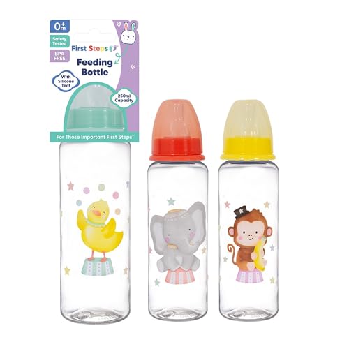 3 Pack Baby Milk and Water Bottles Easy Grip with Soft Silicone Medium Flow Teats 250ml 8.5oz, Fun and Cute Animal Designs