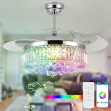 Teracfan 48' Fandelier Ceiling Fan with Light,Silver Retractable Ceiling Fans with Remote Control,RGB Chandelier Ceiling Fan with 6-Speed Reversible Blades,APP Control
