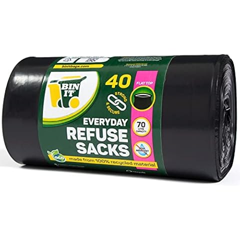 BIN IT 40 Everyday 70L Strong & Secure, Refuse Sacks, Bin Bags, Bin Liners, Flat Top, Recycled, Tear Resistant, 30 μm, Perfect for Everyday Use, Household, Office, Kitchen & Caterers Cover