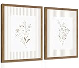 Neutral Wildflower Wall Art Set of 2, Vintage Flower Botanical Wall Decor Painting, Rustic Cottagecore Striped Floral Prints Pictures for Living Room Bedroom 12x16 Inch Framed