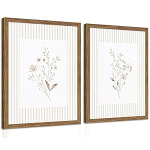 Neutral Wildflower Wall Art Set of 2, Vintage Flower Botanical Wall Decor Painting, Rustic Cottagecore Striped Floral Prints Pictures for Living Room Bedroom 12×16 Inch Framed