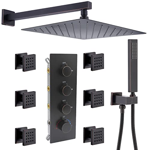 Zygolvq Shower System With Body Jet, 12" Wall-Mounted Rainfall Shower System Thermostatic Shower Faucet Set, Use All Functions Together Or Separately, Oil-Rubbed Bronze #TOP6