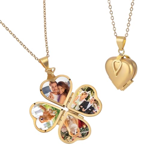FINGERINSPIRE Collier Médaillon Coeur D'Amour Personnalisé Doré Pouvant Contenir 4 Photo Pendentif Coeur Pendentif Médaillon Photo Commémoratif Trèfle à...