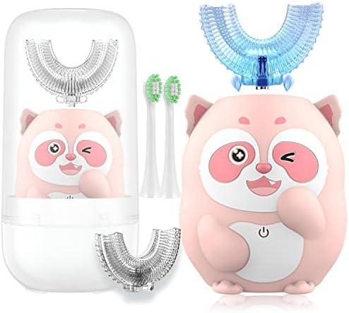 Geacker Kids Electric Toothbrush, U Shaped Toothbrush Kids Sonic Automatic Brush with 4 Brush Heads 6 Cleaning Modes IPX7 Waterproof Rechargeable Smart Timer for Children (Age 8-14, Raccoon Pink)
