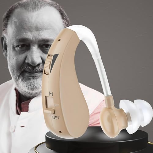Image of Aika AV-8202 Rechargeable Hearing Aid Amplifier Machine For Old Age, Digital BTE Model with Dual Noise Reduction (1Piece, Beige, For Single Ear), 1 Dry Kit Free
