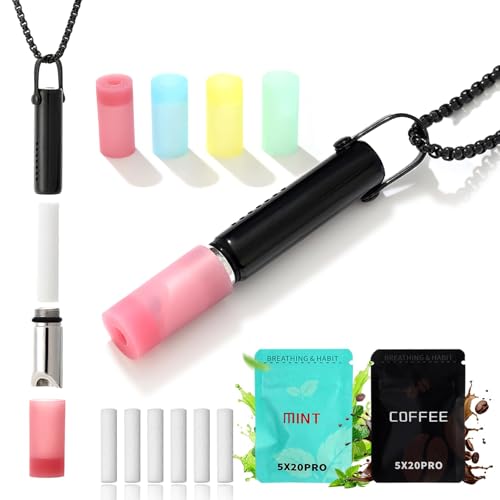 GLOMGORGE Breathing Necklace with Chewable Silicone Nozzle Breathe Free Necklace with Resistance to Quit Bad Habit Stress Relief Meditation & Relaxation Mindful Breathefree Calm Tool Black
