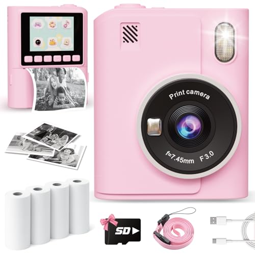 Instant Print Camera for Kids 1080P Instant Digital Print Cameras for Toddler Portable Toy for 4 5 6 7 8 9 10 Year Old Girl Christmas Birthday Gifts for Girls Boys with SD Card Pink