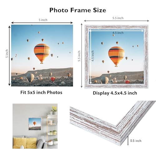 Image of JCJMY 5x5 Picture Frame for Wall Hanging or Tabletop, Wall Mounting Horizontally or Vertically, 5 x 5 Square Wall Gallery Poster Photo Frame with Shatter Resistant Plexiglass, Rustic White