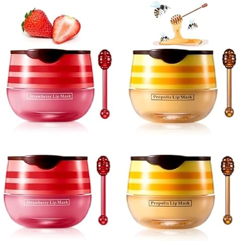 4 Pcs Bee Lip Balm Lip Mask Honey Pot, Honey & Strawberry Lip Mask Propolis Moisturizing Lip Balm Hydrating Prevention Dry and Cracked Lip Scrubs Exfoliator,Reduces Lip Lines. Cover