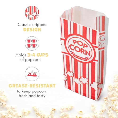 Image of Alitte Paper Popcorn Bags (100-Pack) 1 oz Individual Servings - Leakproof Bottom, Holds 4 Cups of Popcorn - Classic Red and White Stripes, for Movie Night, Carnival, Party, Theater, and Snack Bars
