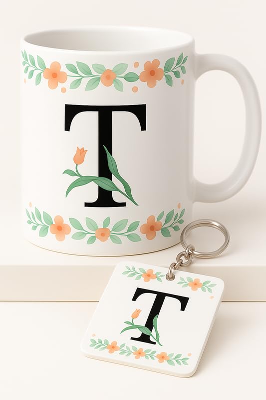 Choicecases Floral Alphabet T Coffee Mug with Matching Keychain | Personalized Gift for Men Women, Friends, Birthday, Office Use, Return Gift Combo