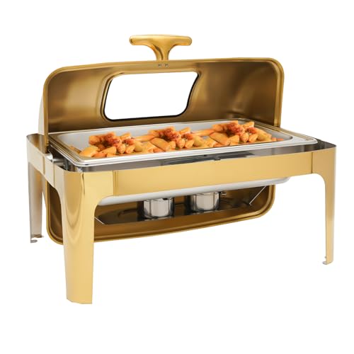 9.5Qt Rectangular Chafing Dish,Chafer Buffet Warmer Set,Roll Top Chafing Dish Buffet Set,Food Warmer with Thickened Fuel Frame,Buffer Server Chafing Dishes Buffet Set (Rectangular, 2 Half Pans)