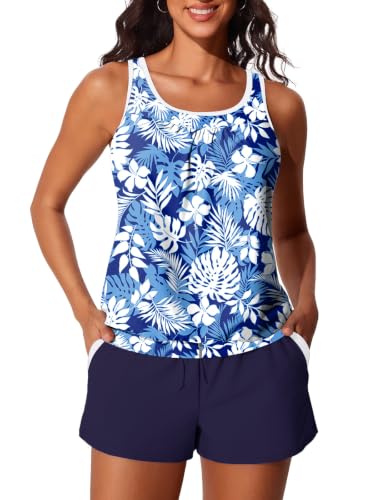 Image of Summer Mae Womens Tankini Swimsuits Two Piece with Pockets Bathing Suits | Modest Fit,Side Pockets,Tummy Control,Built-in Brief,Removable Pads,Soft Coverage for Beach Vacations