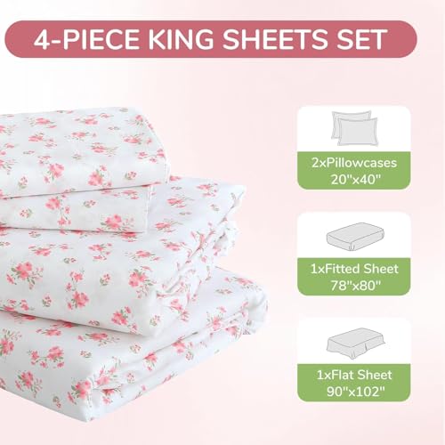 Image of MUXHOMO King Size 4 Piece Sheet Set, Soft Breathable Bed Sheet Set for Bedroom with Deep Pocket Up to 16 inch, Wrinkle-Free & Cooling Bedding for Oeko-TEX Certified - Blossoms Pink