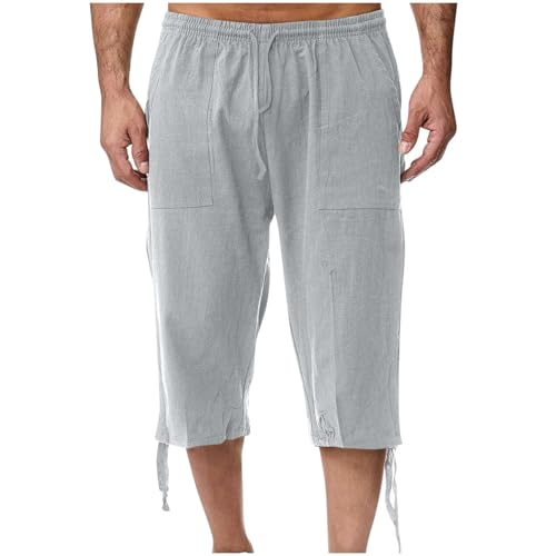 Mens Capri Pants Summer Baggy Casual Linen High Waist Drawstring Harem Pants Lightweight Solid Beach Wide Leg Capris